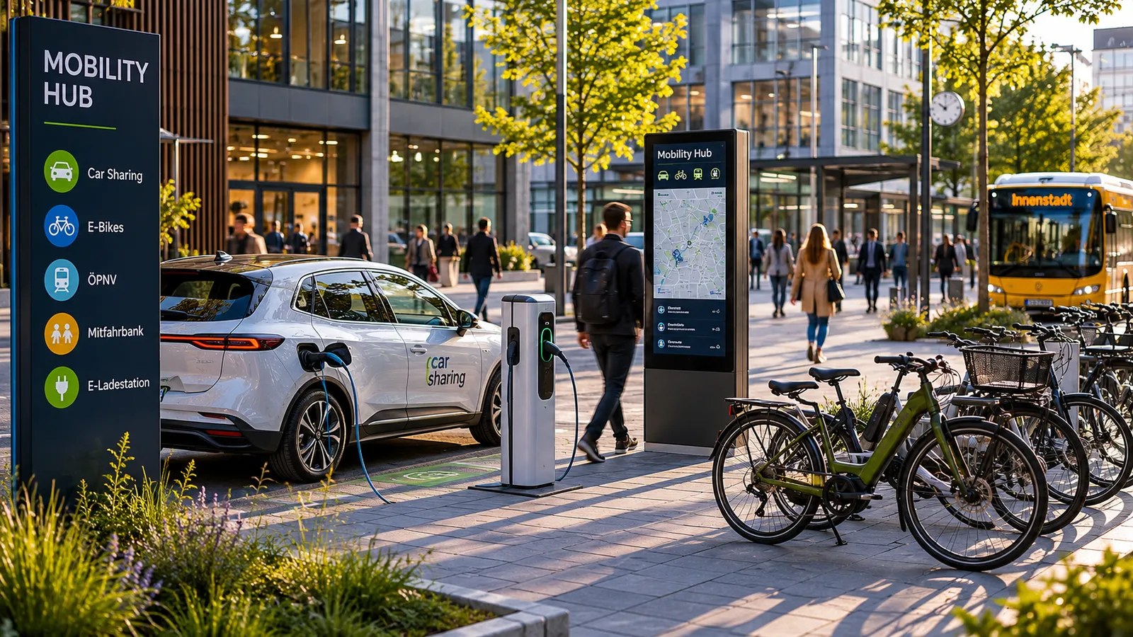 Beispiele für Mobilität - Auto, Fahrrad, Bus
